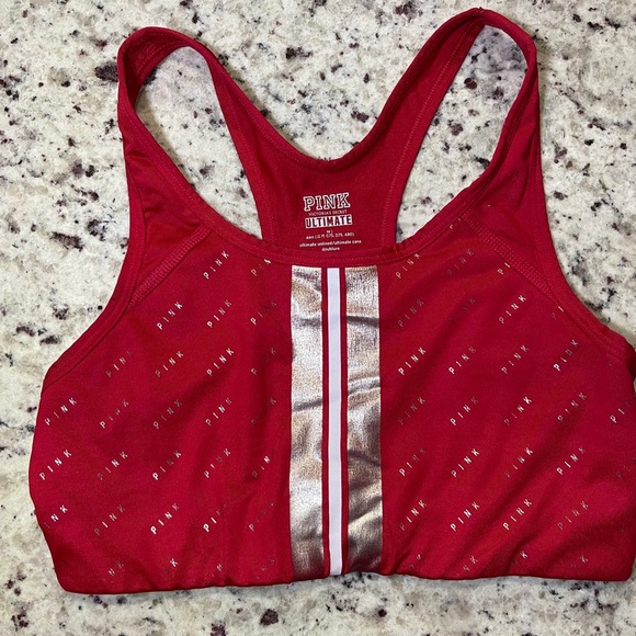 Victoria Secret Pink Ultimate Unlined Red Sports Bra Size Medium Metallic Logo - Picture 1 of 5